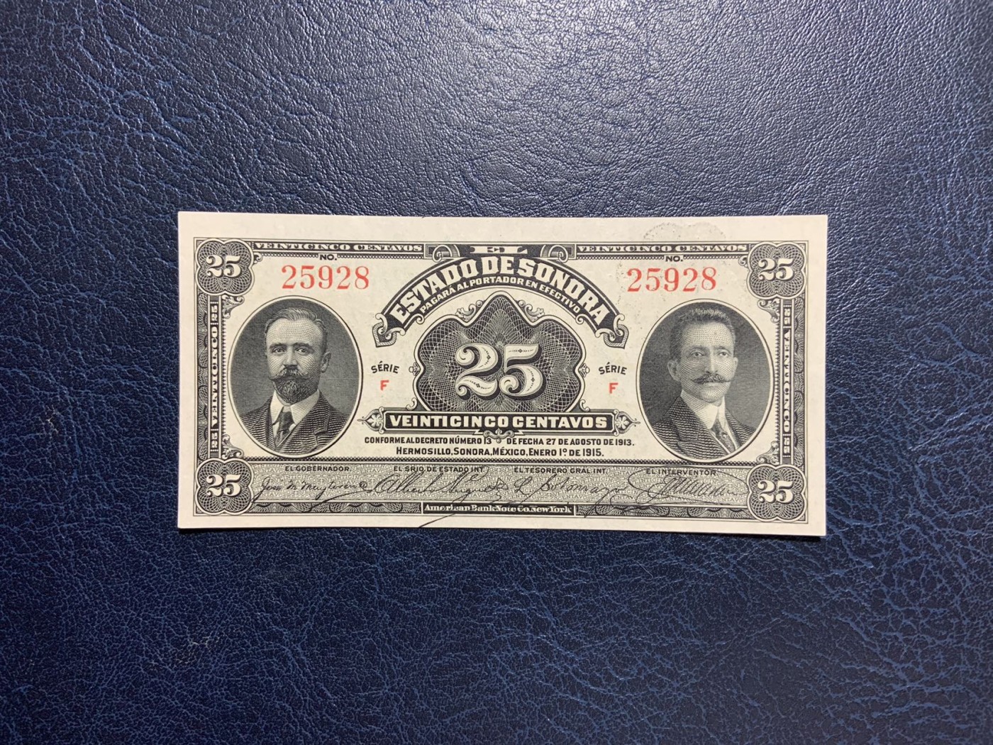收藏联盟Quantum Auction 第275期拍卖  墨西哥1915年25分 品相UNC 美钞代印 F序列短号版
