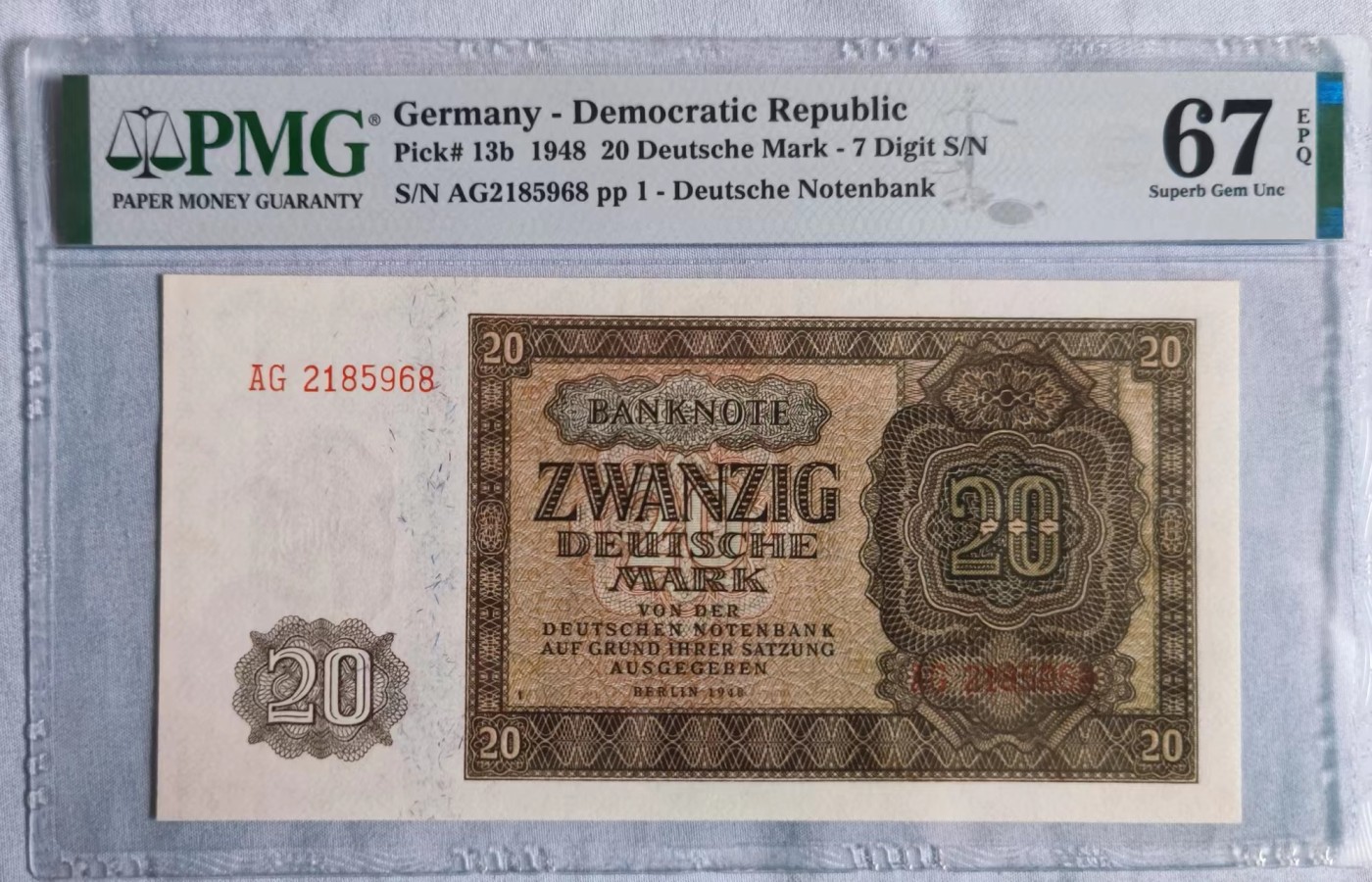 德国20马克，1948版，pmg67Germany - Democratic Republic, 20 Deutsche Mark 1948 - 7 Digit S/N