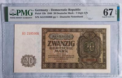 德国20马克，1948版，pmg67Germany - Democratic Republic, 20 Deutsche Mark 1948 - 7 Digit S/N - 德国20马克，1948版，pmg67Germany - Democratic Republic, 20 Deutsche Mark 1948 - 7 Digit S/N