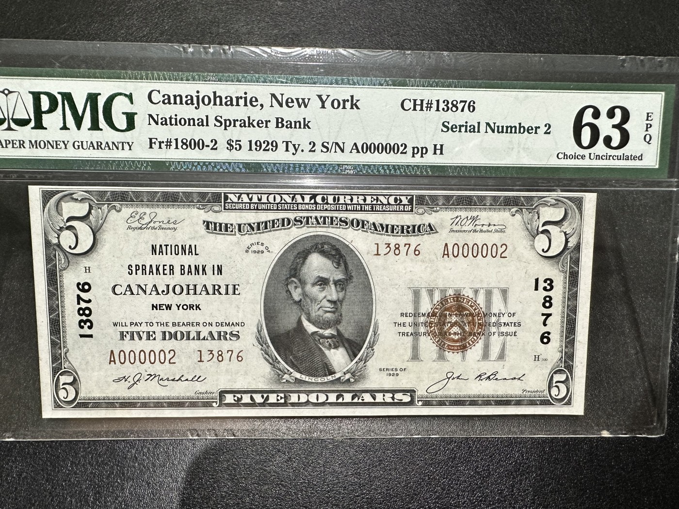 《外钞收藏家》第二百八十六期（连拍第三场） 1929年美国5元纸币 联邦国民银行券 纽约 PMG63E 超小号2号