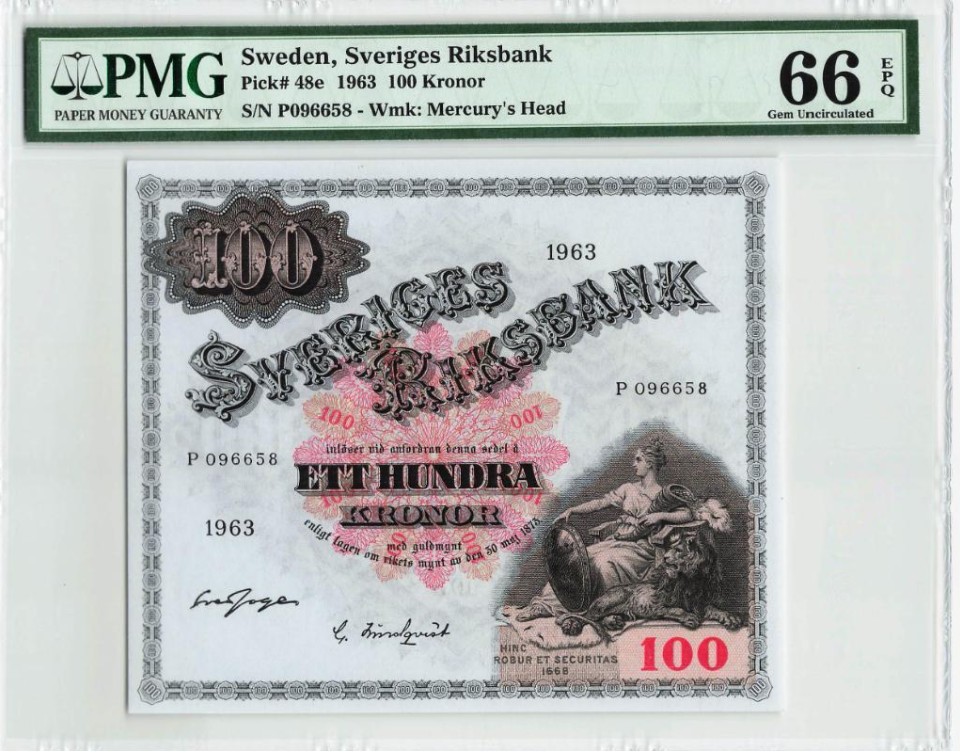 【Blue Auction】✨世界纸币精拍第347期——周日畅拍场【精】 【无47 老壳子】瑞典 1963年100克朗 PMG66EPQ 大方块 非常漂亮 