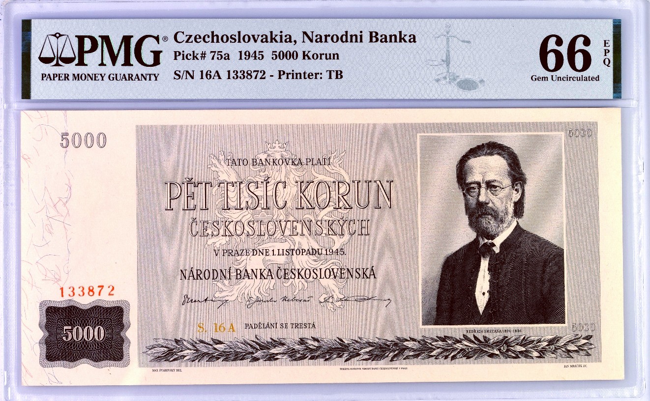 【Blue Auction】✨世界纸币精拍第347期——周日畅拍场【精】  【实钞亚军分 仅2张更高分】 捷克斯洛伐克 1945年5000克朗 PMG66EPQ 精美大票幅 作曲家斯美塔那