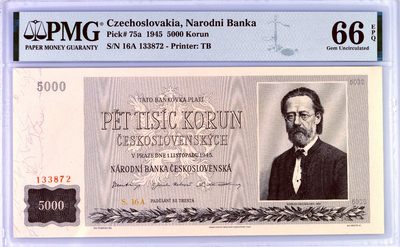 【Blue Auction】✨世界纸币精拍第347期——周日畅拍场【精】 -  【实钞亚军分 仅2张更高分】 捷克斯洛伐克 1945年5000克朗 PMG66EPQ 精美大票幅 作曲家斯美塔那