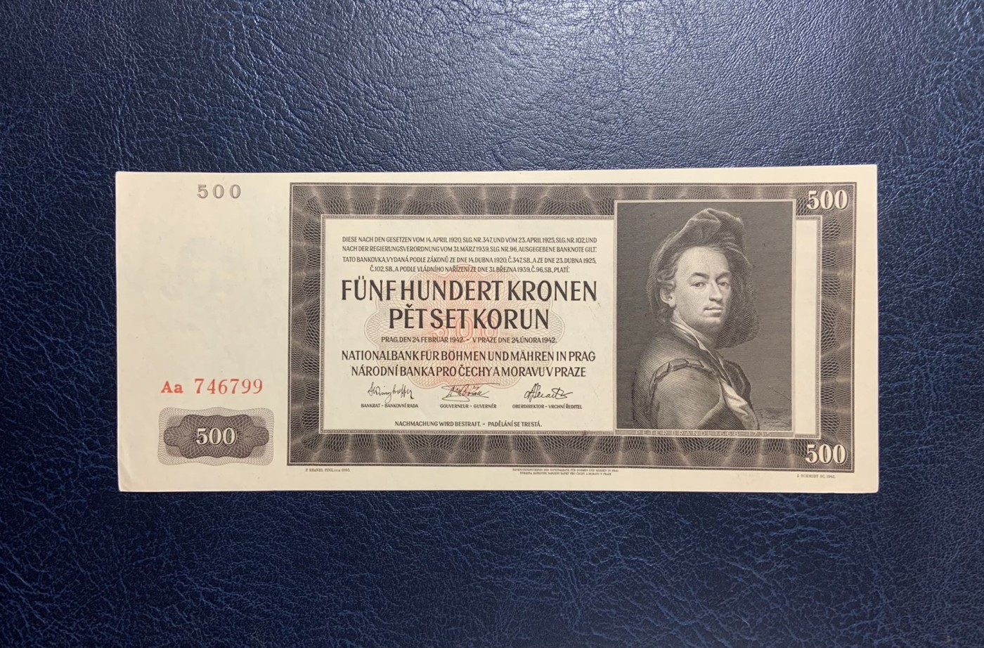 收藏联盟Quantum Auction 第275期拍卖  波西米亚和摩拉维亚1942年500克朗 品相UNC 细节如图 实票 Aa冠 