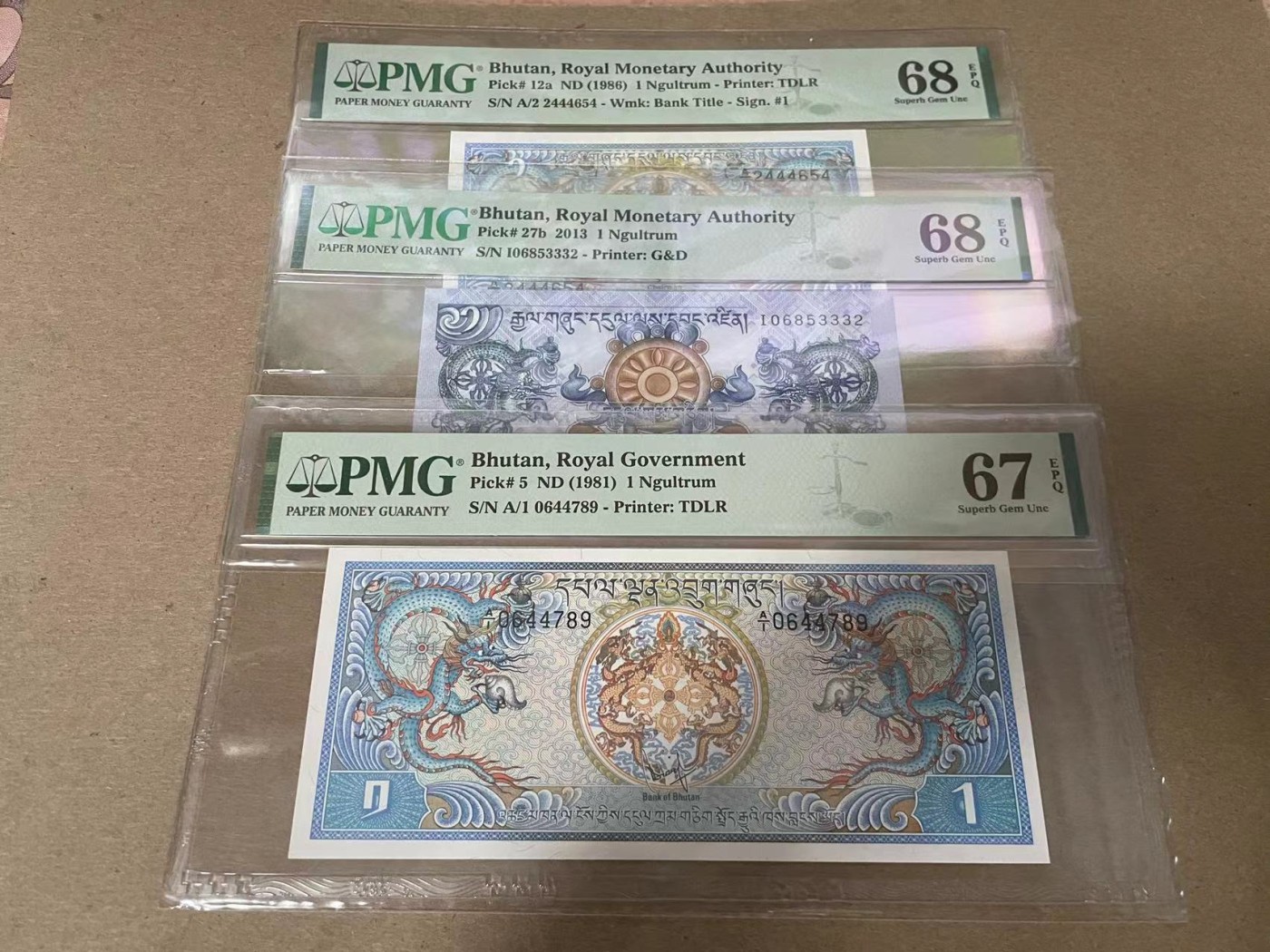 【Blue Auction】✨世界纸币精拍第347期——周日畅拍场【精】 【一组3张】不丹 不同版本 1努尔特鲁姆一组 PMG68EPQ-67EPQ 高分
