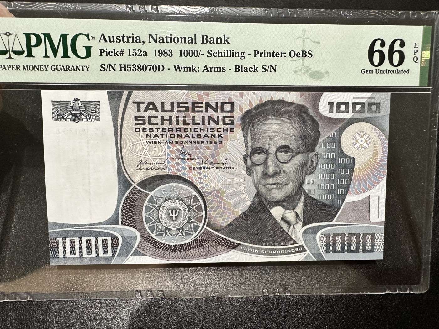《外钞收藏家》第二百八十六期（连拍第三场） 1983年奥地利1000先令 PMG66 薛定谔
