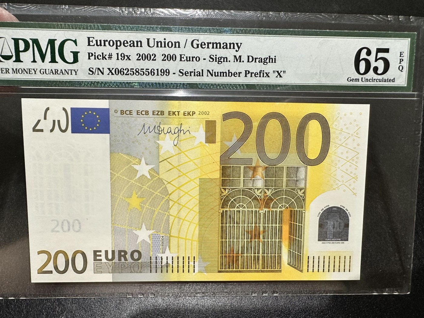 《外钞收藏家》第二百八十六期（连拍第三场） 2002年200欧元 德国版 PMG65 难得无47 尾99靓号