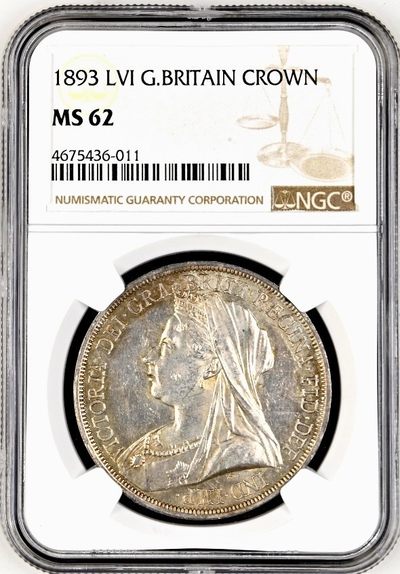 【Blue Auction】✨世界纸币精拍第347期——周日畅拍场【精】 - 维多利亚女王  1893年1克朗 披纱马剑银币 包浆非常漂亮 镜面转光 细节到位 圣乔治屠龙 NGC MS62 