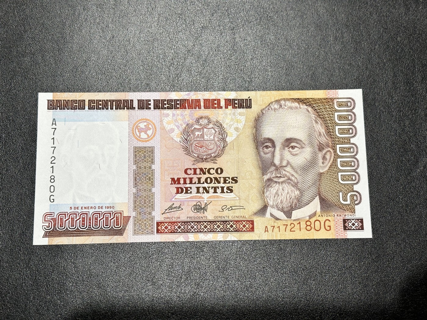 《外钞收藏家》第二百八十六期（连拍第三场） 1990年 秘鲁5000000 500万 印蒂 A冠 全新
