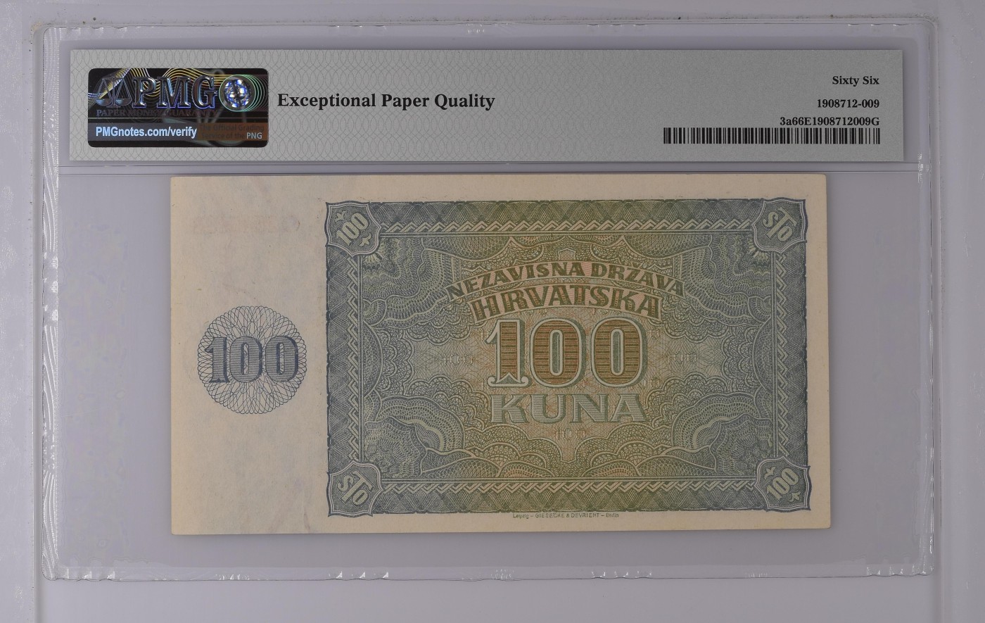 收藏联盟Quantum Auction 第275期拍卖  克罗地亚1941年500库纳 PMG66 G&D代印 二战德国傀儡政权发行 流通时间短