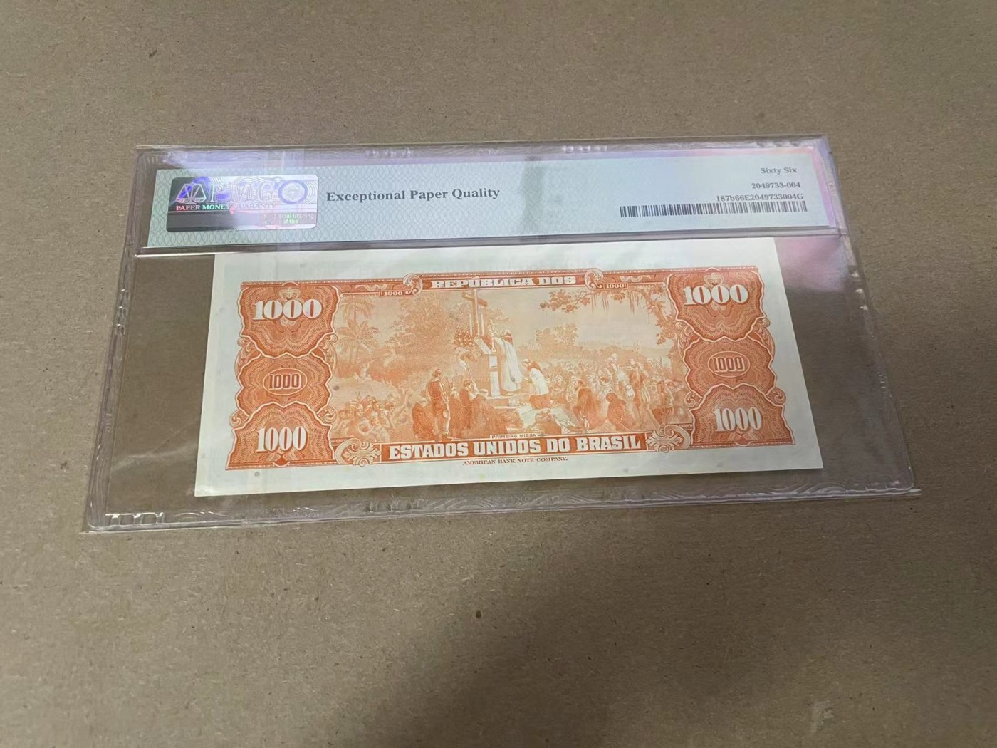 【Blue Auction】✨世界纸币精拍第347期——周日畅拍场【精】  巴西 1966-67年1克鲁塞罗加盖 PMG66EPQ 背面大场景