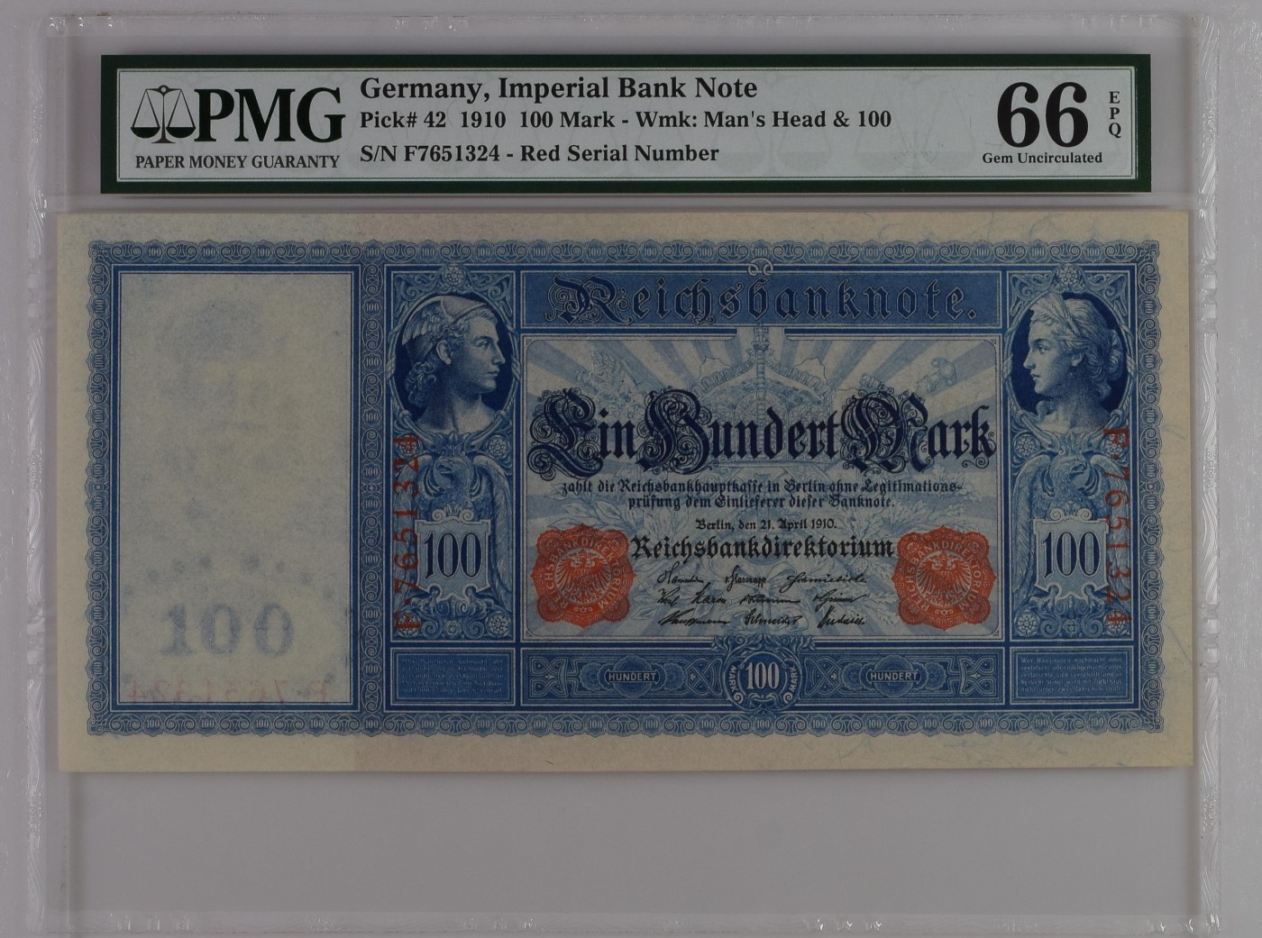 收藏联盟Quantum Auction 第275期拍卖  德国帝国银行1910年100马克  PMG66 大票幅 完美乱龙号