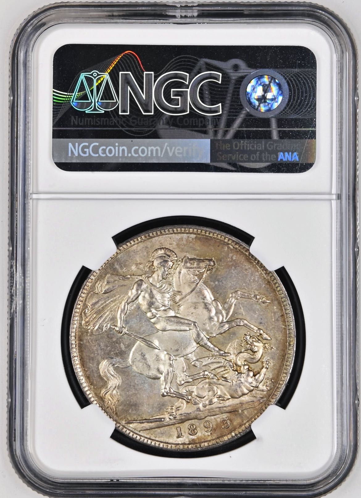 【Blue Auction】✨世界纸币精拍第347期——周日畅拍场【精】 维多利亚女王  1893年1克朗 披纱马剑银币 包浆非常漂亮 镜面转光 细节到位 圣乔治屠龙 NGC MS62 