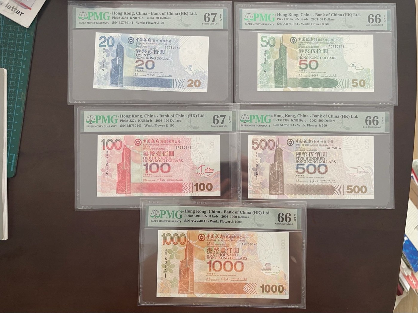 Pmg高分香港2003中银首年750141全同号1000-500-100-50-20五张套 中国银行稀少2003首年全同