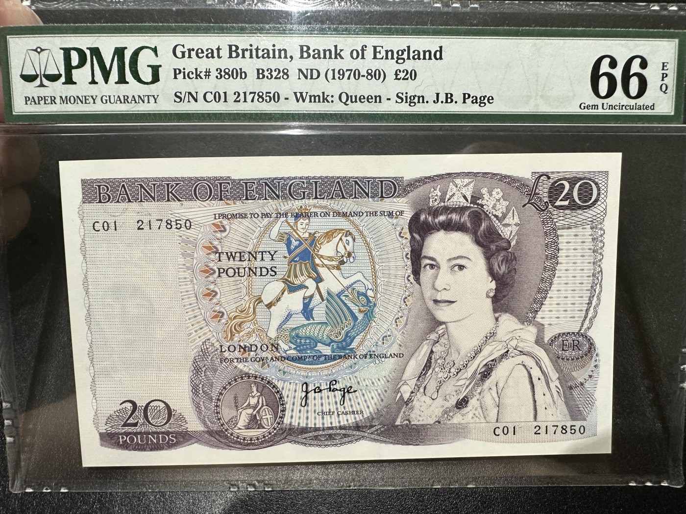 《外钞收藏家》第二百八十六期（连拍第三场） 1970-80年英国D序列20镑 PMG66 女王水印