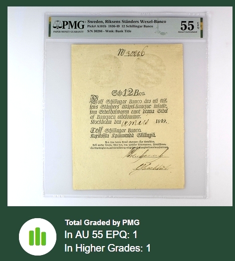 【Blue Auction】✨世界纸币精拍第347期——周日畅拍场【精】 【无47 文物级别 带王国皇冠水印 大票副 带E冠军分】瑞典王国 贝尔纳多特王朝开国君主卡尔十四时期 1836-49年12 Schillingar PMG55EPQ 手签实钞 带钢戳防伪 可遇不可求的品种 国外大拍也罕见品相如此好的原票  55NET更小面值7年前都拍了350多美金 近200年带EPQ很难保存非常非常罕见