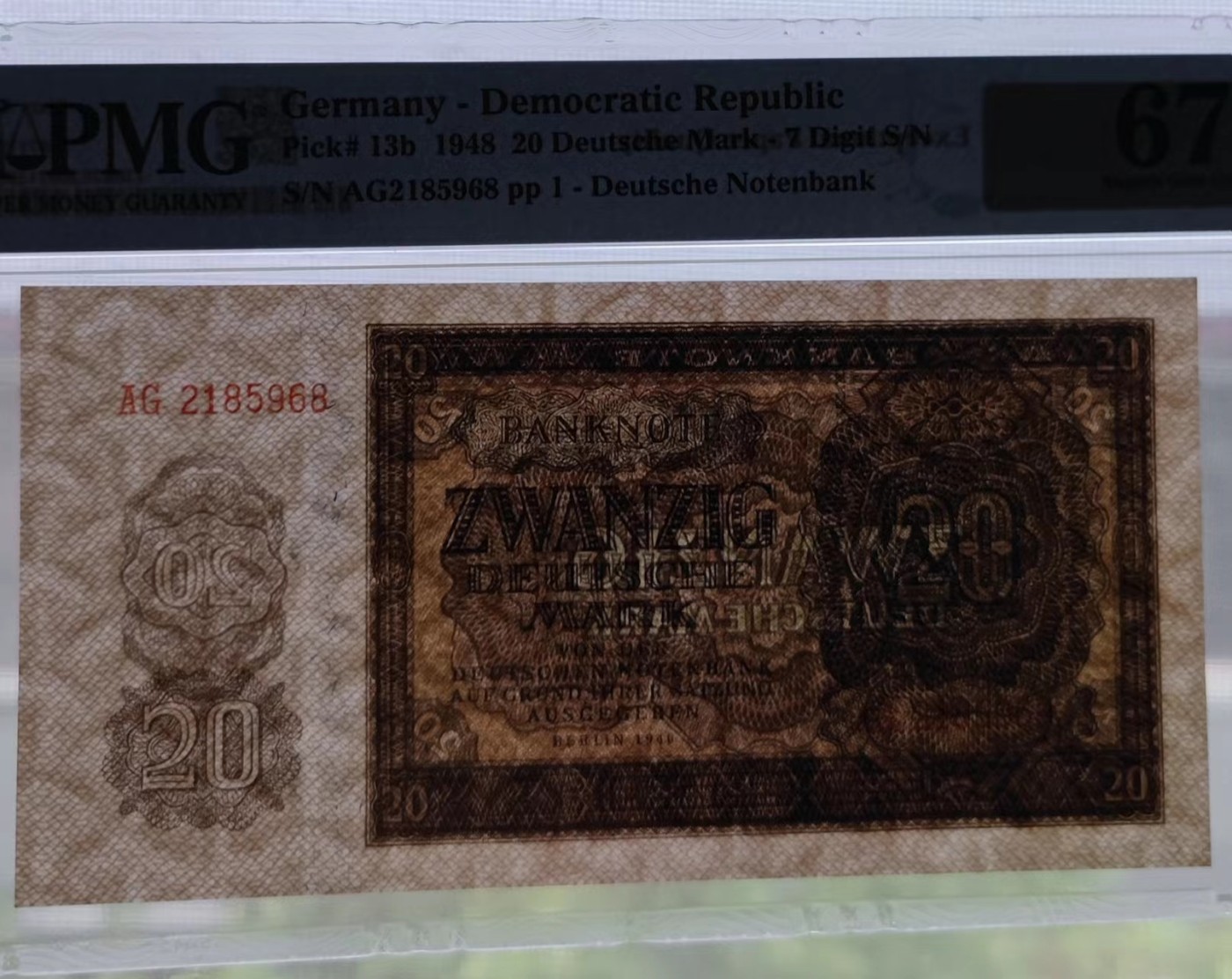 德国20马克，1948版，pmg67Germany - Democratic Republic, 20 Deutsche Mark 1948 - 7 Digit S/N
