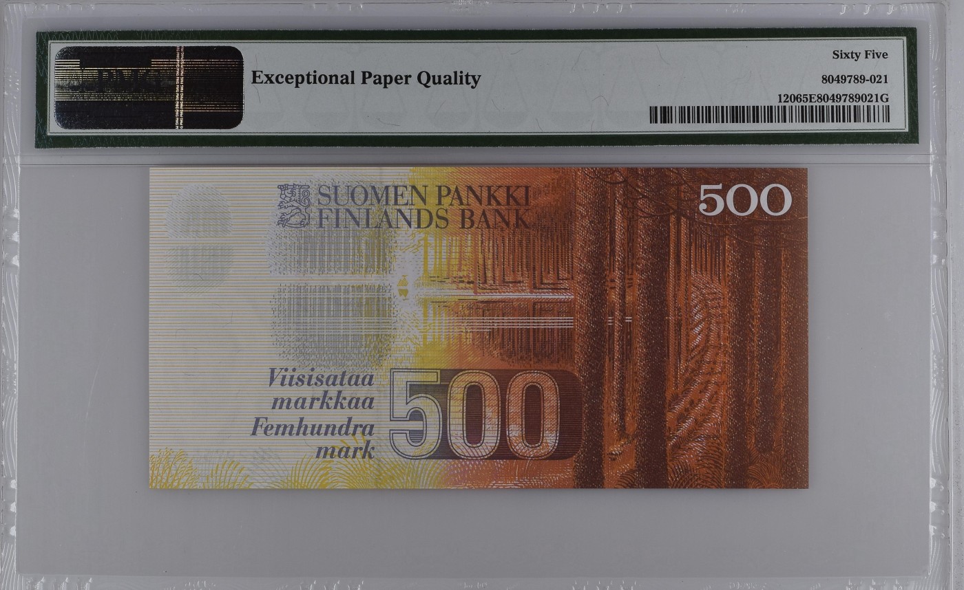 收藏联盟Quantum Auction 第275期拍卖  芬兰1986 (ND 1991)年500马克 PMG65  医生，语文学家，民歌收集者埃利亚斯·伦洛特