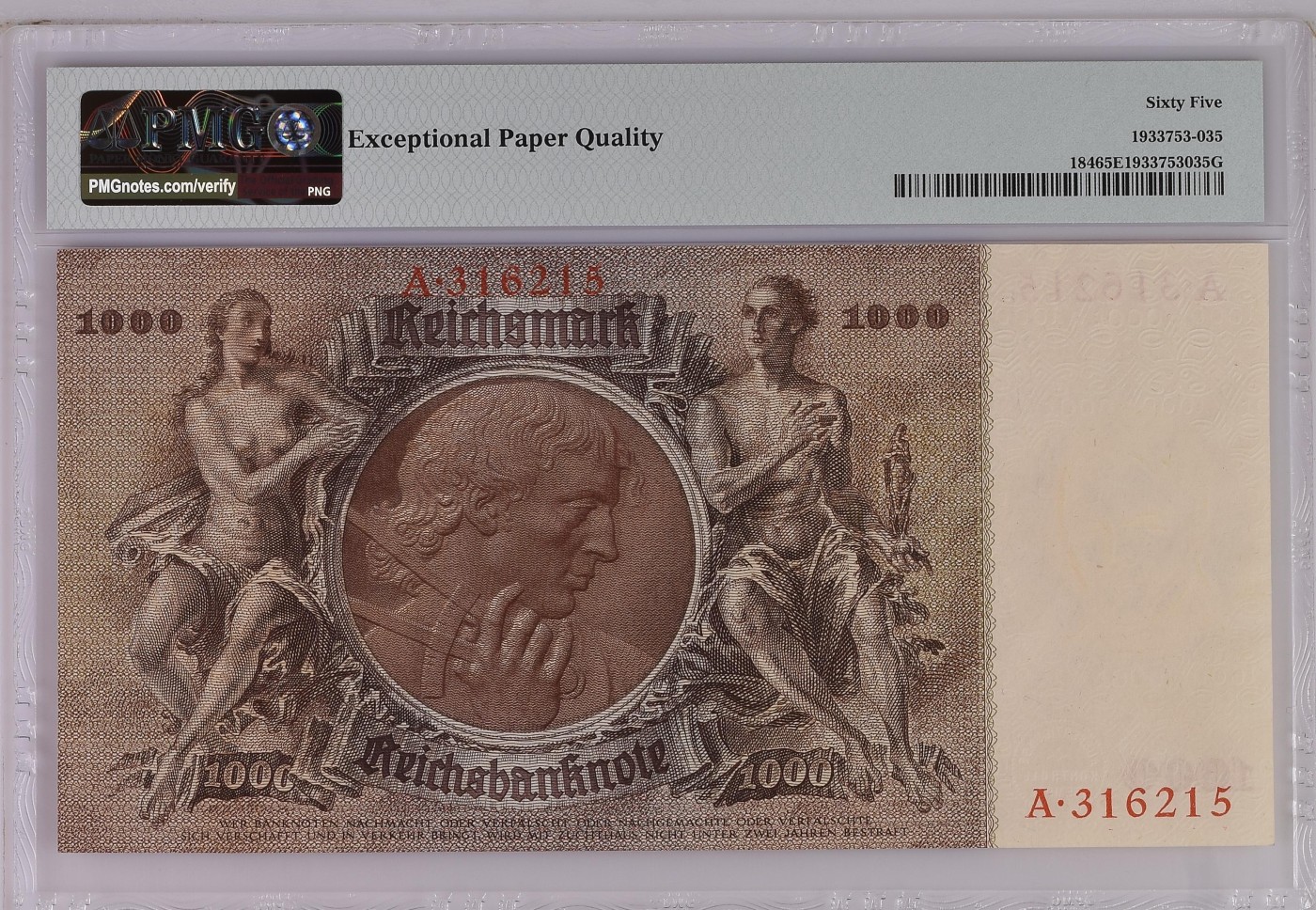 收藏联盟Quantum Auction 第275期拍卖  德国1936年1000马克 PMG65 首发A冠无47 建筑师 画家 申克尔
