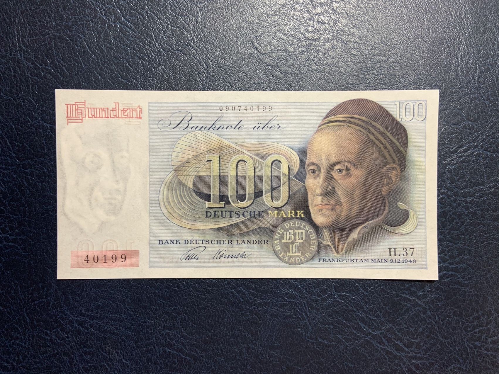 收藏联盟Quantum Auction 第275期拍卖  德国联邦1948年50马克 品相UNC 灯下有潮斑 名画《国会议员》