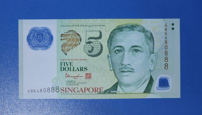 港、澳、台、中外钞、流水签、机签、箱包单、靓号专场第18期 - 新加坡5元塑料钞豹子号 4BK480888 UNC一张/如图