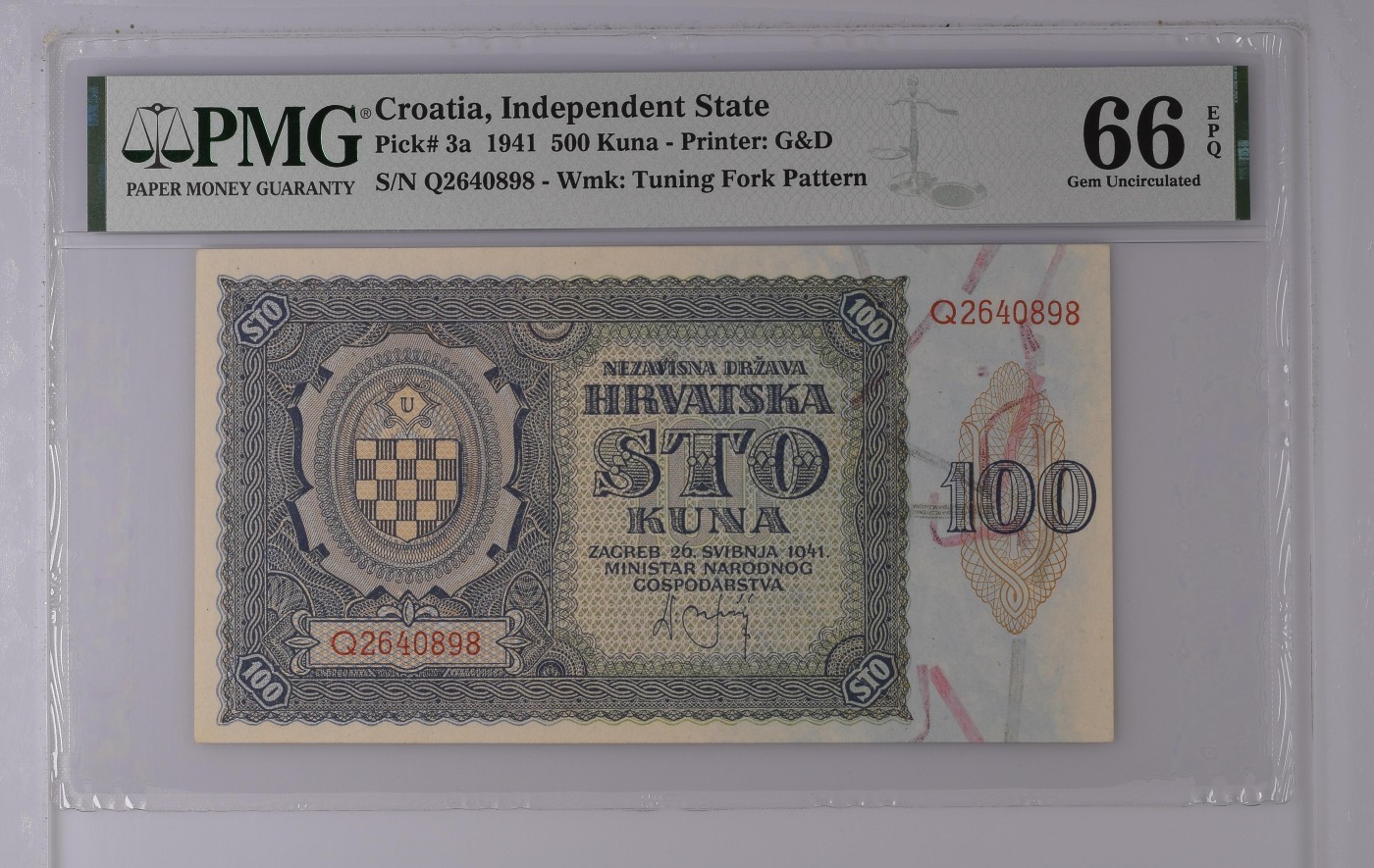 收藏联盟Quantum Auction 第275期拍卖  克罗地亚1941年500库纳 PMG66 G&D代印 二战德国傀儡政权发行 流通时间短