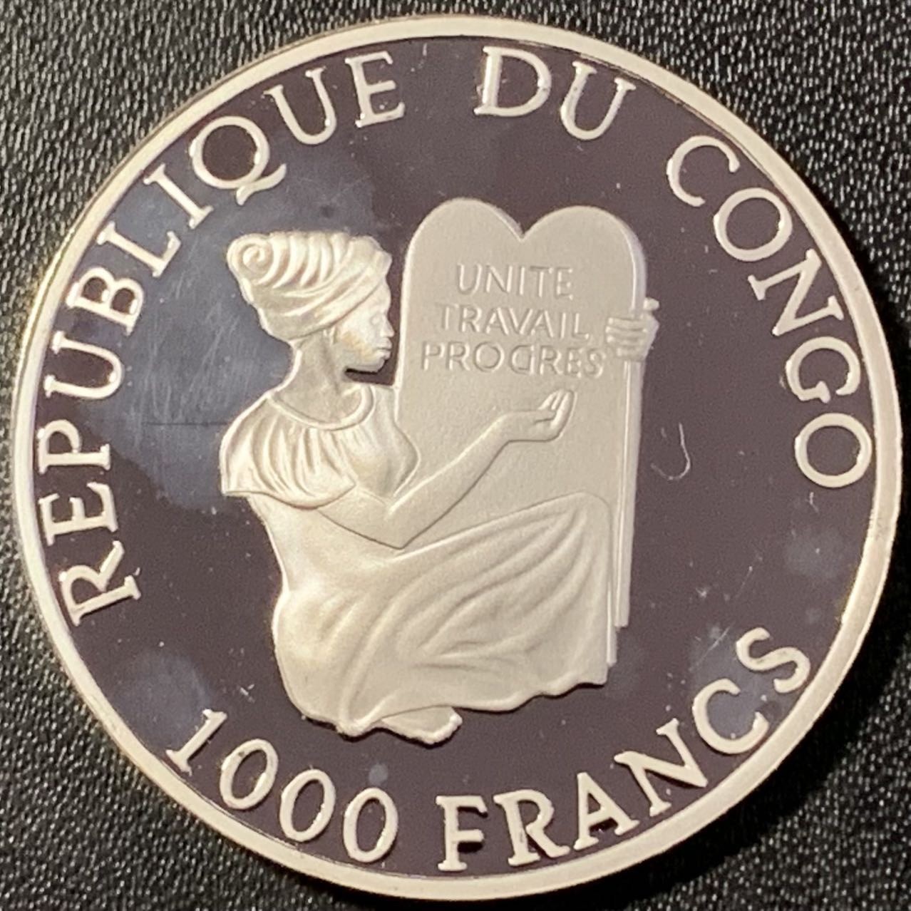 紫瑗钱币——第291期拍卖 刚果 1997年 法国世界杯 1000法郎 15克 0.999银 精制