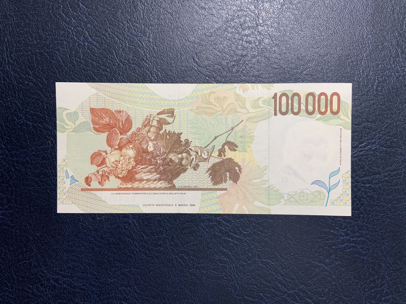 收藏联盟Quantum Auction 第275期拍卖  意大利1994年100000里拉 品相UNC 边缘一轻微触痕 