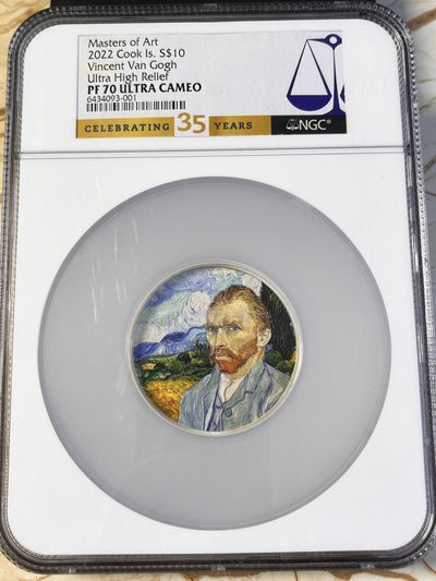 【海寕潮】拍卖第七十五期 - 【海寧潮A】库克2022年画家梵高彩色2盎司精制纪念银币NGC-PF70原盒证书