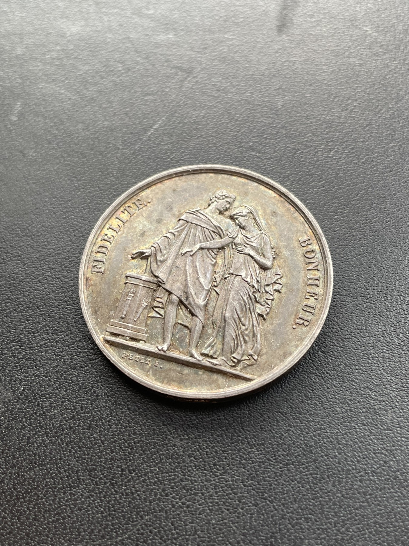 「木头集藏」章牌专场-第27期 1855年法国婚礼纪念银章  直径：33mm,16.6g