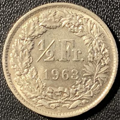 瑞士 1963年 赫尔维蒂亚 1/2法郎 2.5克 0.835银 UNC