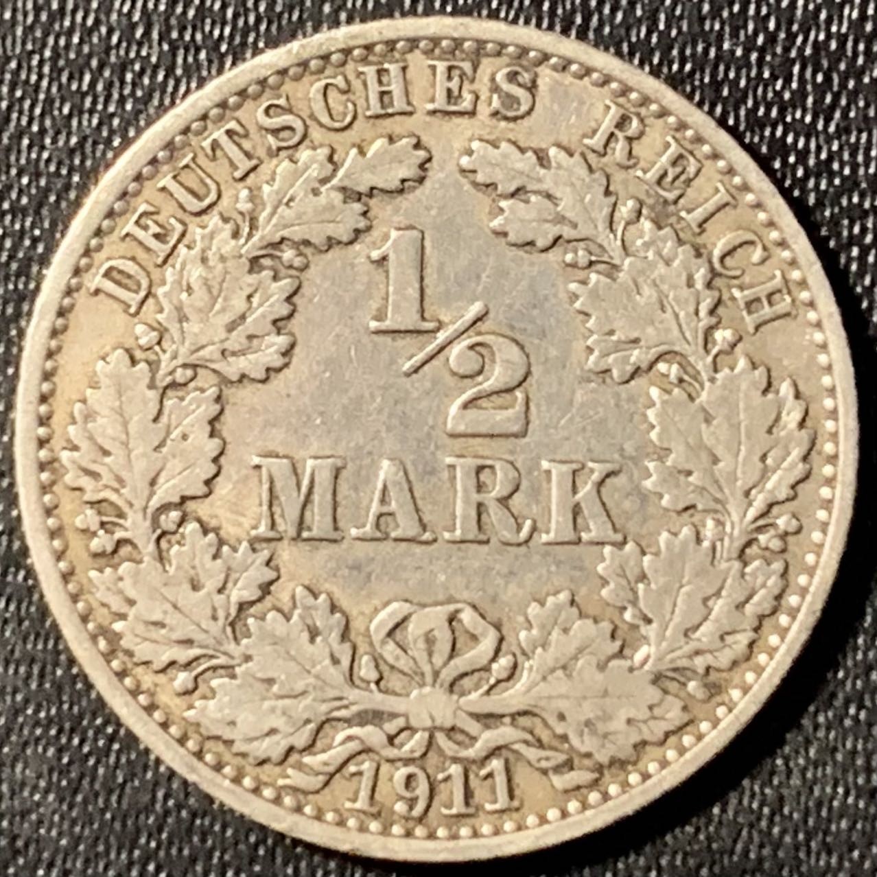 紫瑗钱币——第291期拍卖 德国 1911年 A版 第二帝国 1/2马克 银币 2.77克 0.9银