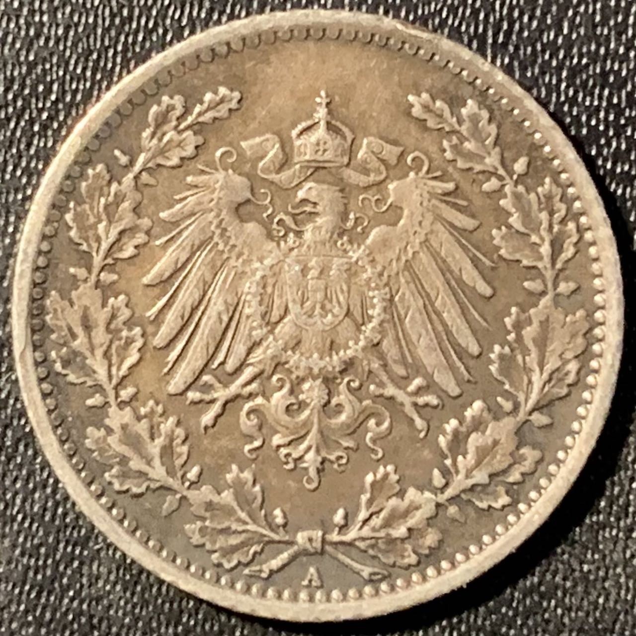 紫瑗钱币——第291期拍卖 德国 1919年 A版 第二帝国 1/2马克 银币 2.77克 0.9银 漆黑包浆