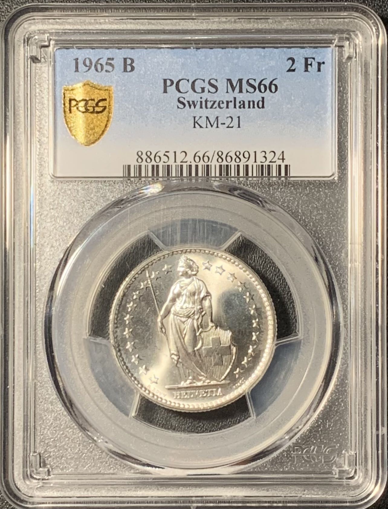 紫瑗钱币——第291期拍卖 瑞士 1965年 B版 赫尔维蒂亚 2法郎 银币 PCGS MS66