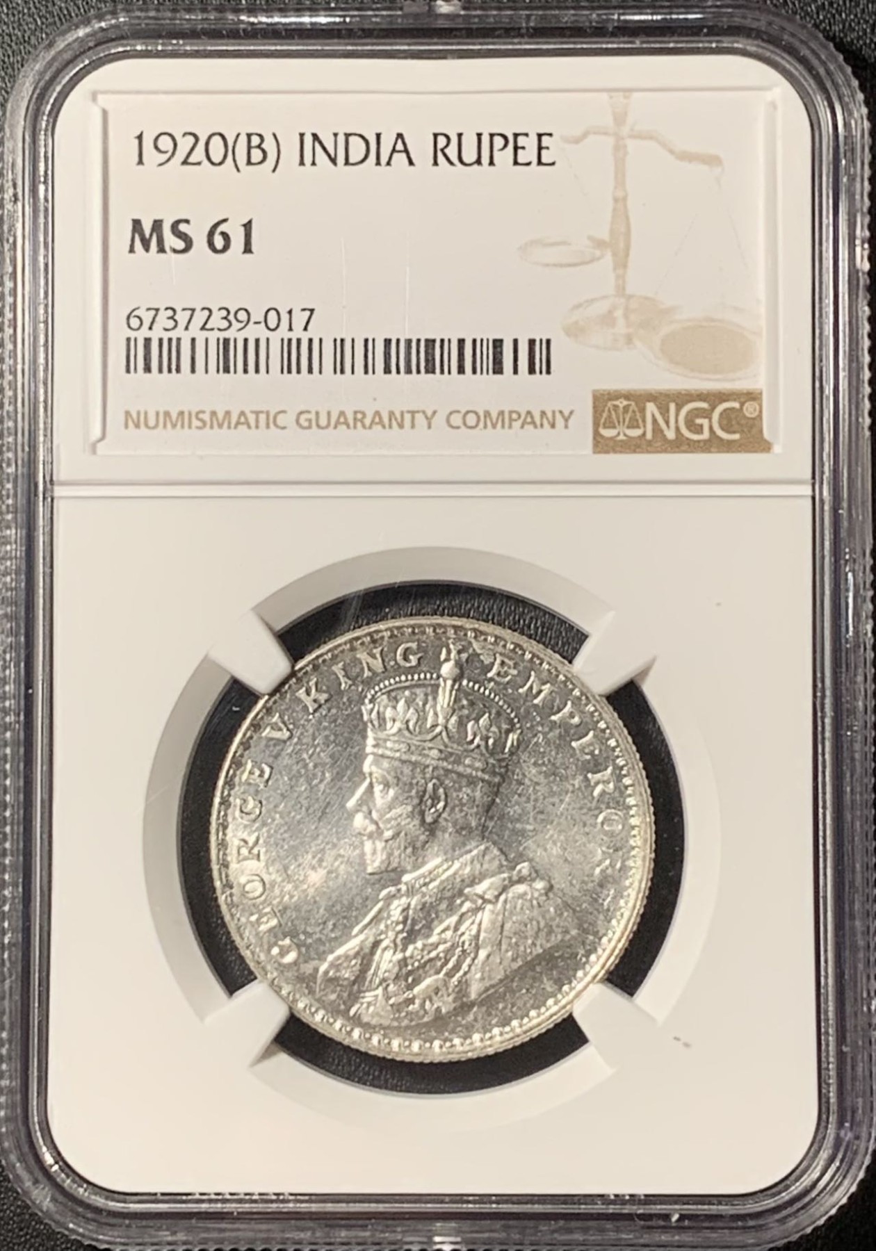 紫瑗钱币——第291期拍卖 英属印度 1920年 B版 乔治五世 1卢比 银币 NGC MS61