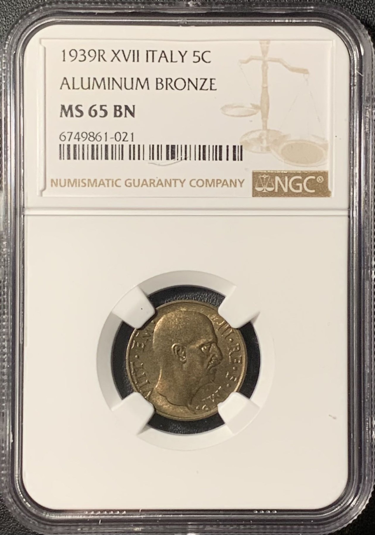 紫瑗钱币——第291期拍卖 意大利 1939年 伊曼纽尔三世 5分 铜币 NGC MS65 BN