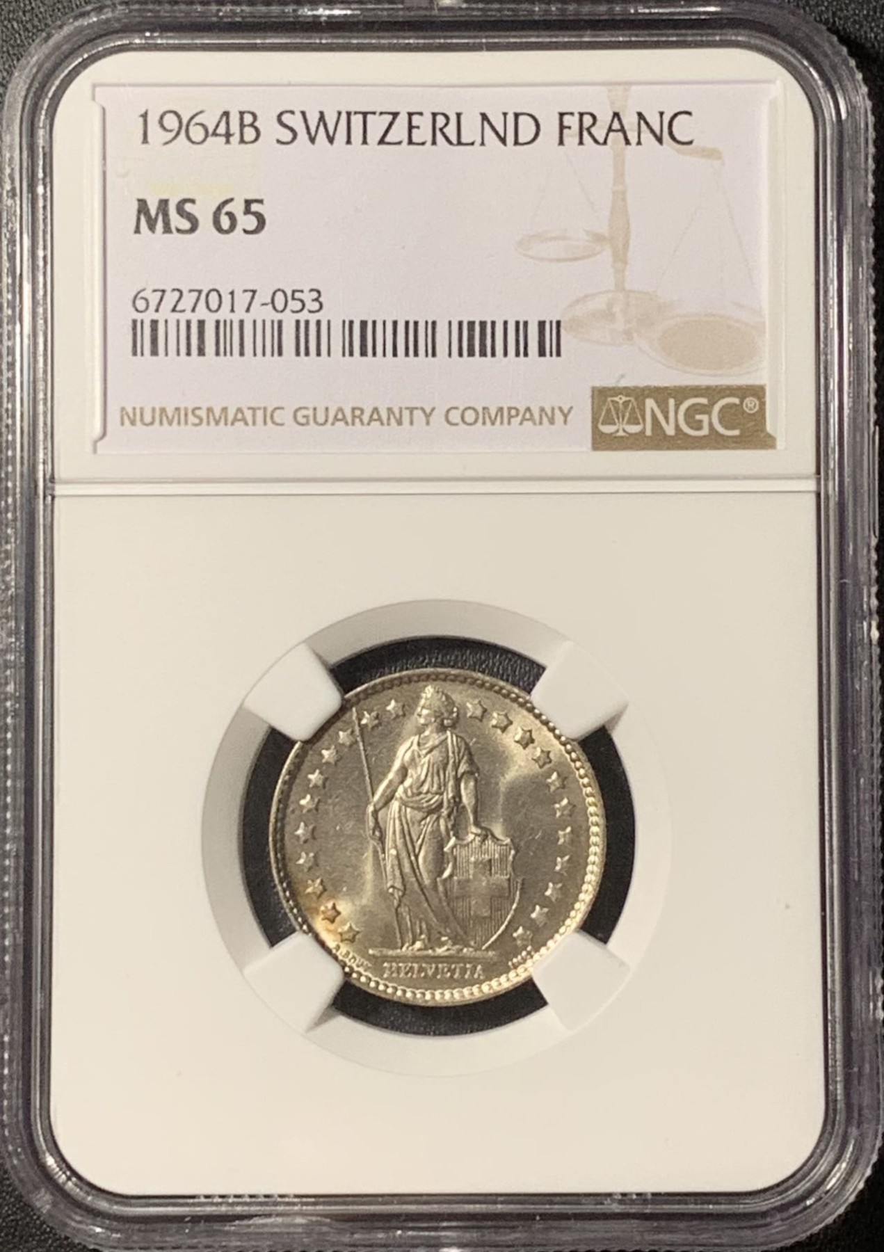 紫瑗钱币——第291期拍卖 瑞士 1964年 B版 赫尔维蒂亚 1法郎 银币 NGC MS65