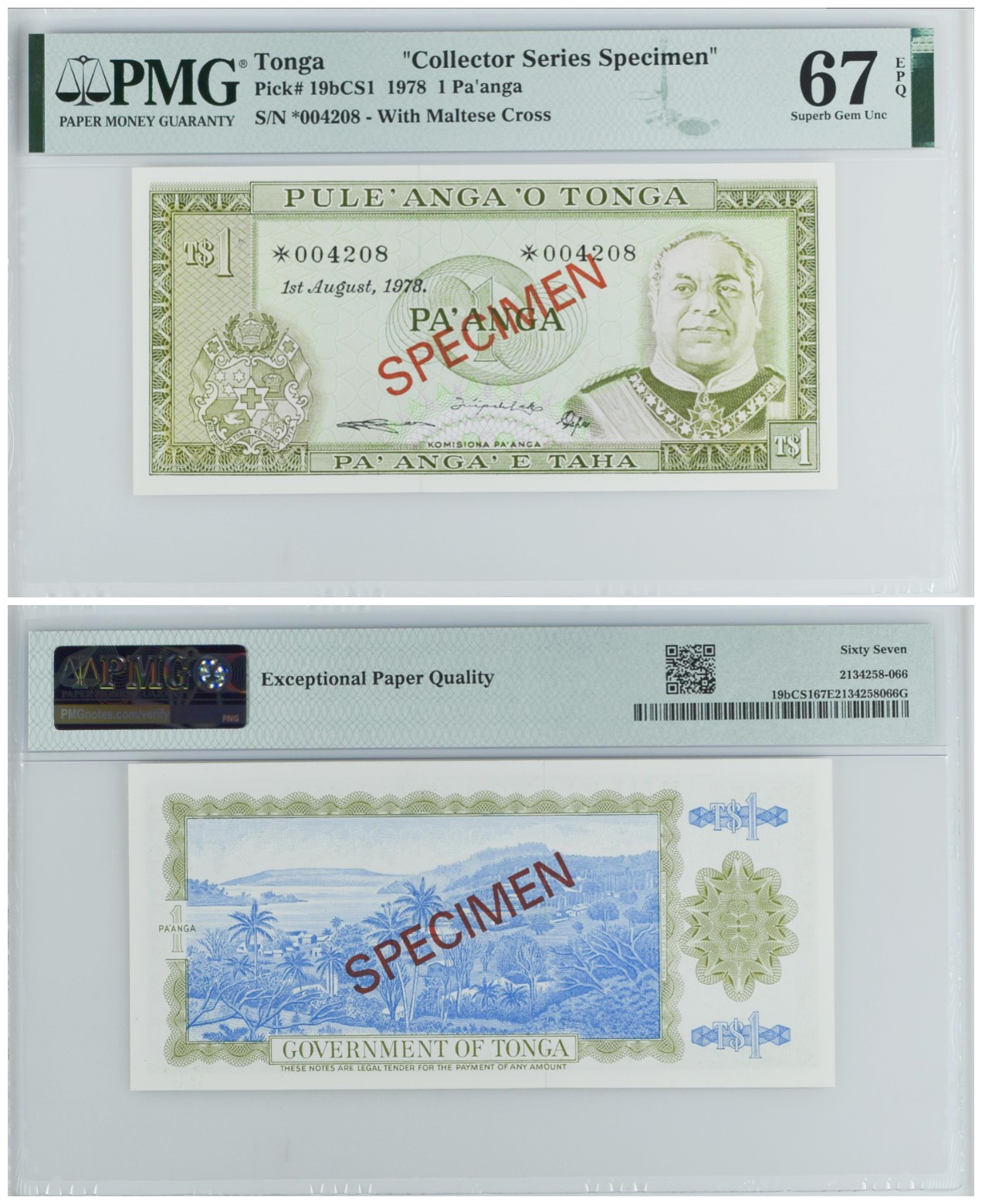 《张总收藏》111期—外币精品荟萃-海外名人特别场 (4张一组全同号同分Collector Series Specimen)汤加1978年10/5/2/1潘加PMG67E全偶数4208号样钞 非常稀少