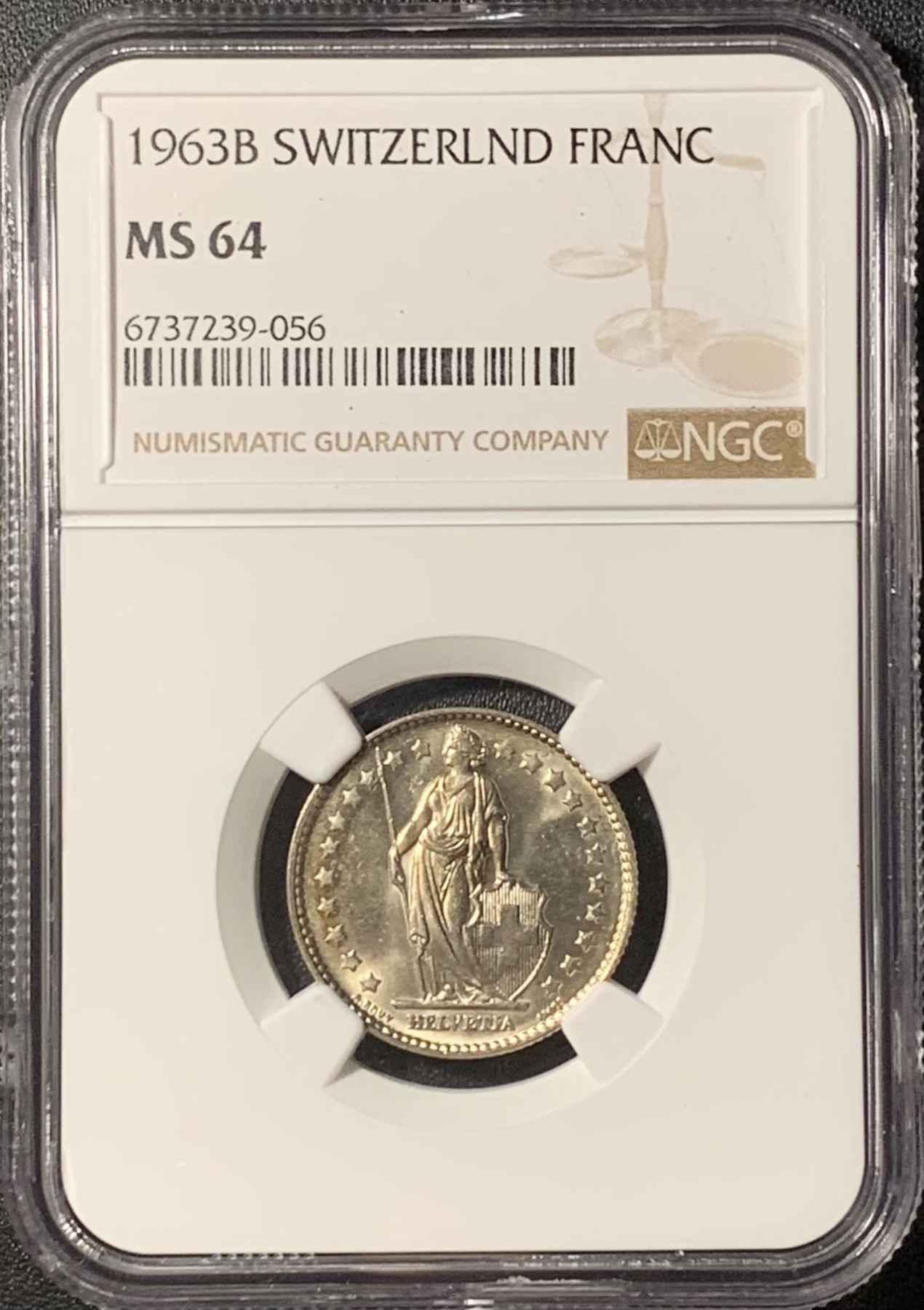 紫瑗钱币——第324期拍卖 瑞士 1963年 B版 赫尔维蒂亚 1法郎 银币 NGC MS64