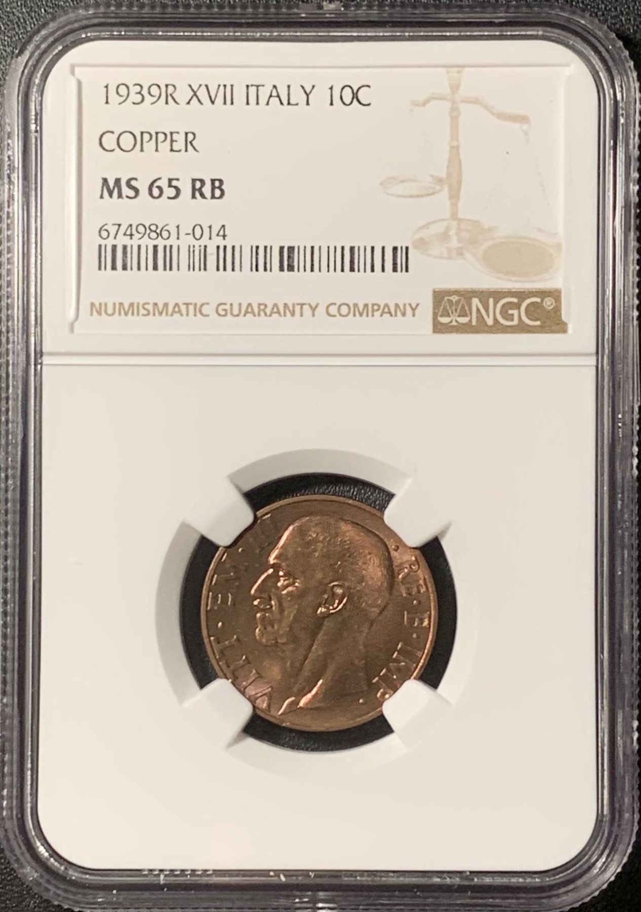 紫瑗钱币——第291期拍卖 意大利 1939年 伊曼纽埃三世 10分 铜币 NGC MS65 RB