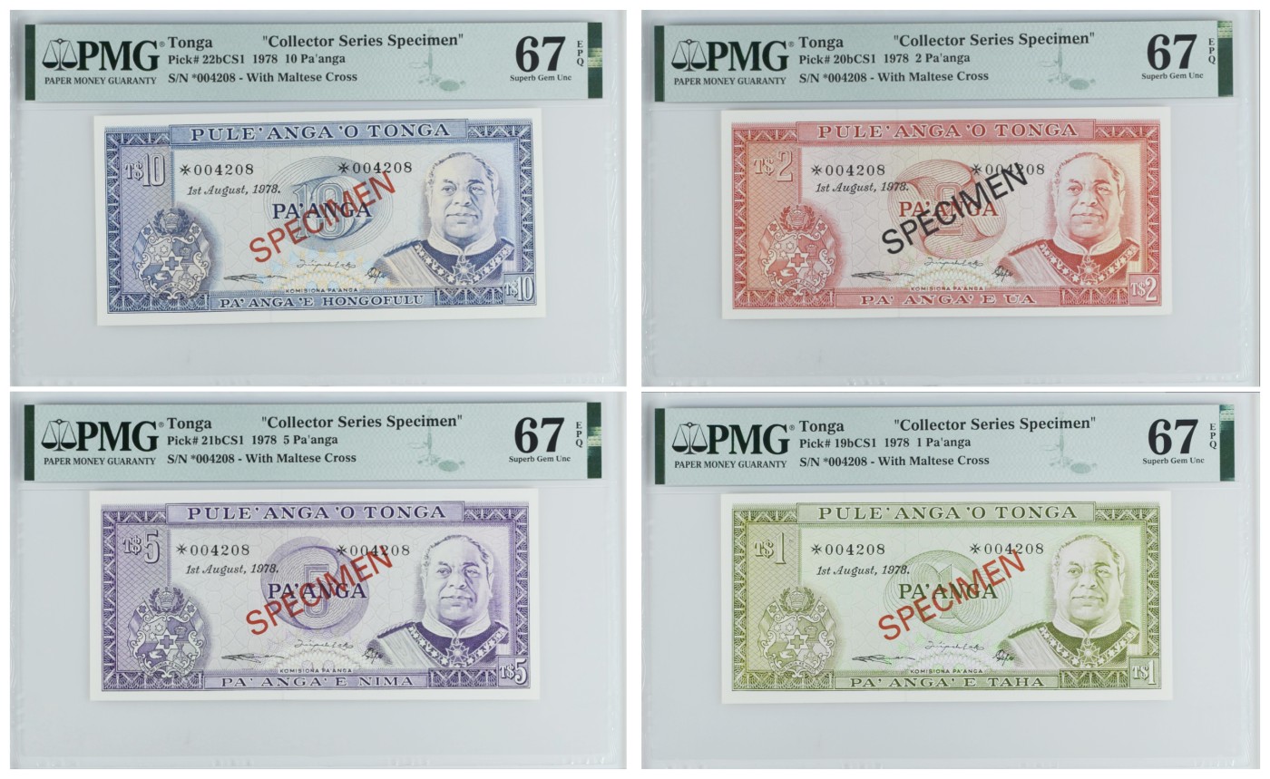 《张总收藏》111期—外币精品荟萃-海外名人特别场 (4张一组全同号同分Collector Series Specimen)汤加1978年10/5/2/1潘加PMG67E全偶数4208号样钞 非常稀少