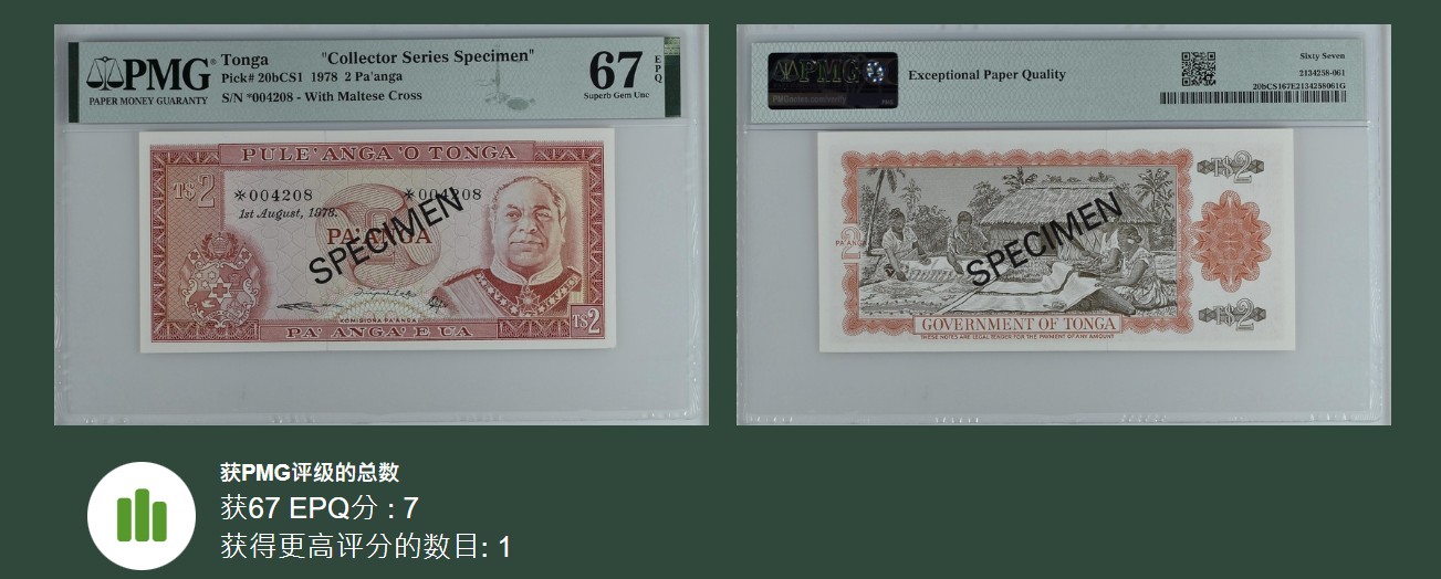 《张总收藏》111期—外币精品荟萃-海外名人特别场 (4张一组全同号同分Collector Series Specimen)汤加1978年10/5/2/1潘加PMG67E全偶数4208号样钞 非常稀少