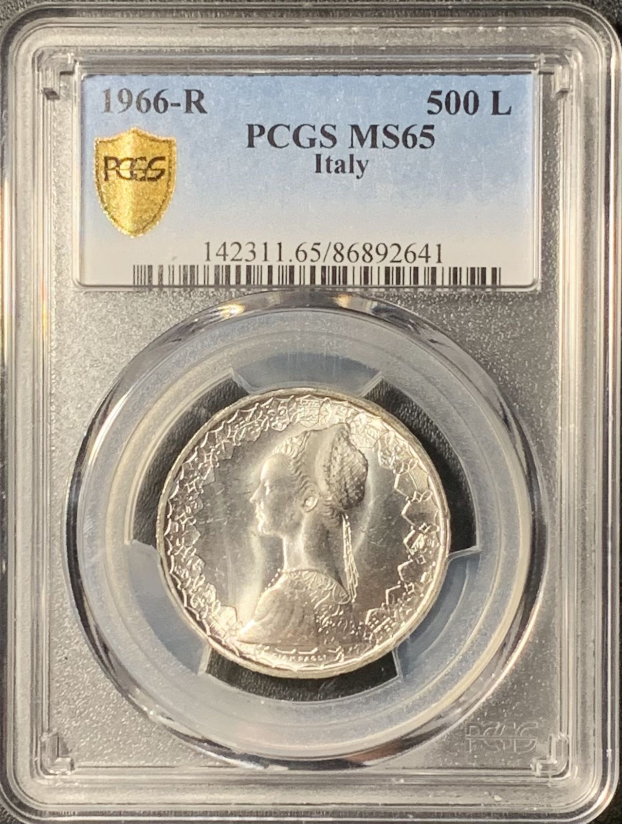 紫瑗钱币——第291期拍卖 意大利 1966年 少女与帆船 500里拉 银币 PCGS MS65