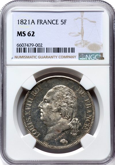 【Blue Auction】✨世界纸币精拍第348期——Duress Note【精】 - 【热门品种】法国 波旁王朝复辟君主路易十八 大胖子国王 1821A  巴黎造币厂（雄鸡厂标） 5法郎 大银币 NGC MS62  高分少见 底板丝滑 发丝清晰 非常漂亮 