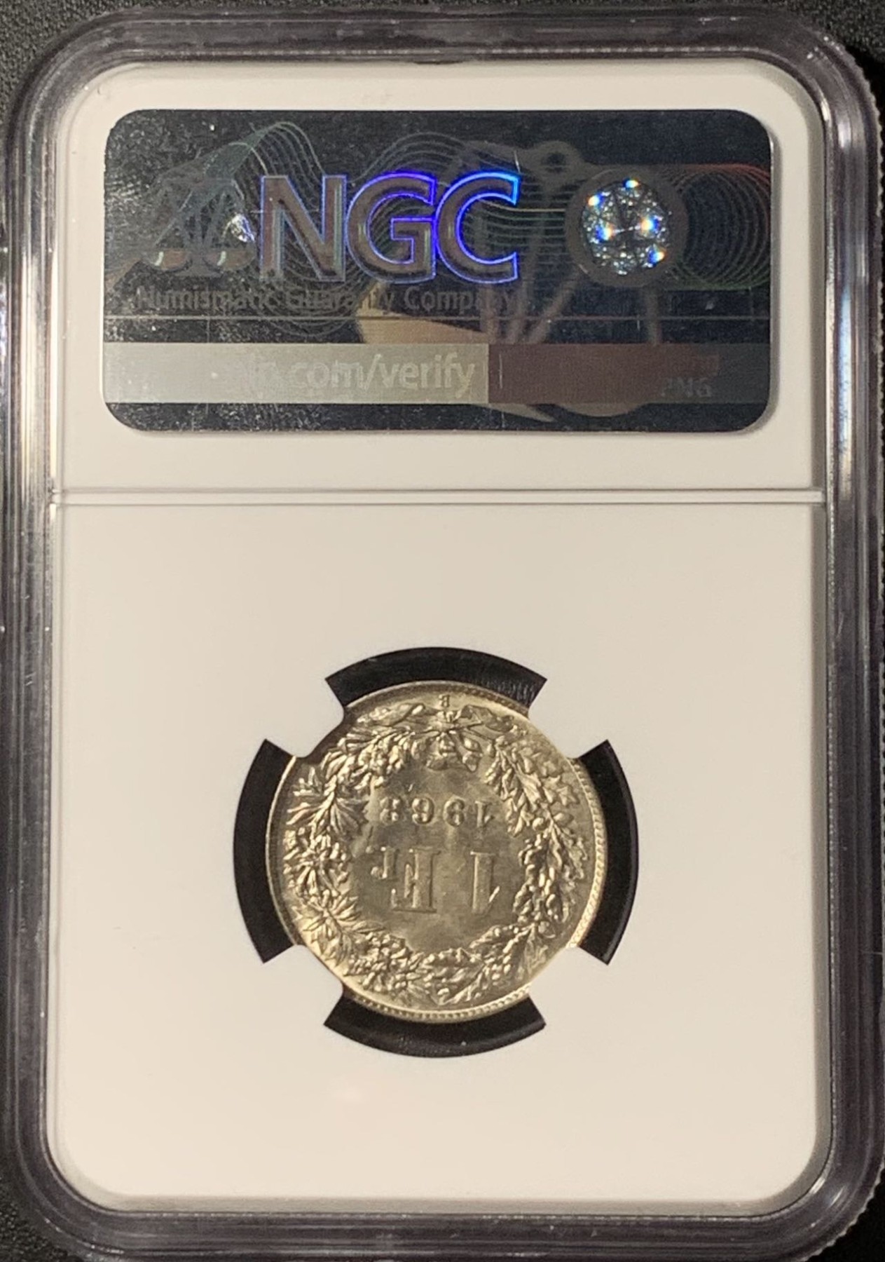 紫瑗钱币——第324期拍卖 瑞士 1963年 B版 赫尔维蒂亚 1法郎 银币 NGC MS64