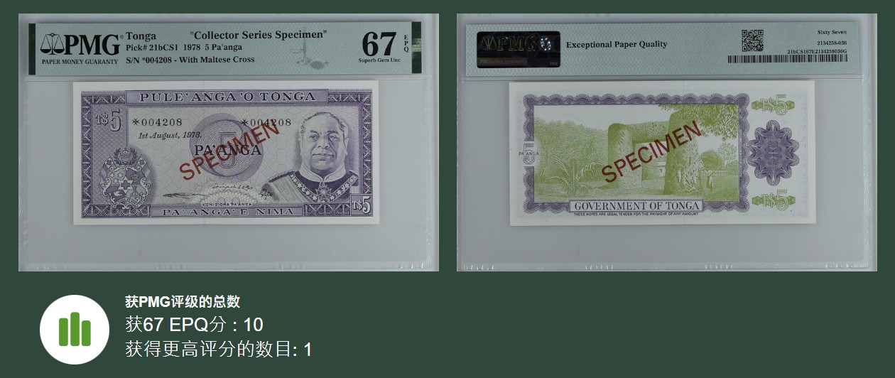 《张总收藏》111期—外币精品荟萃-海外名人特别场 (4张一组全同号同分Collector Series Specimen)汤加1978年10/5/2/1潘加PMG67E全偶数4208号样钞 非常稀少