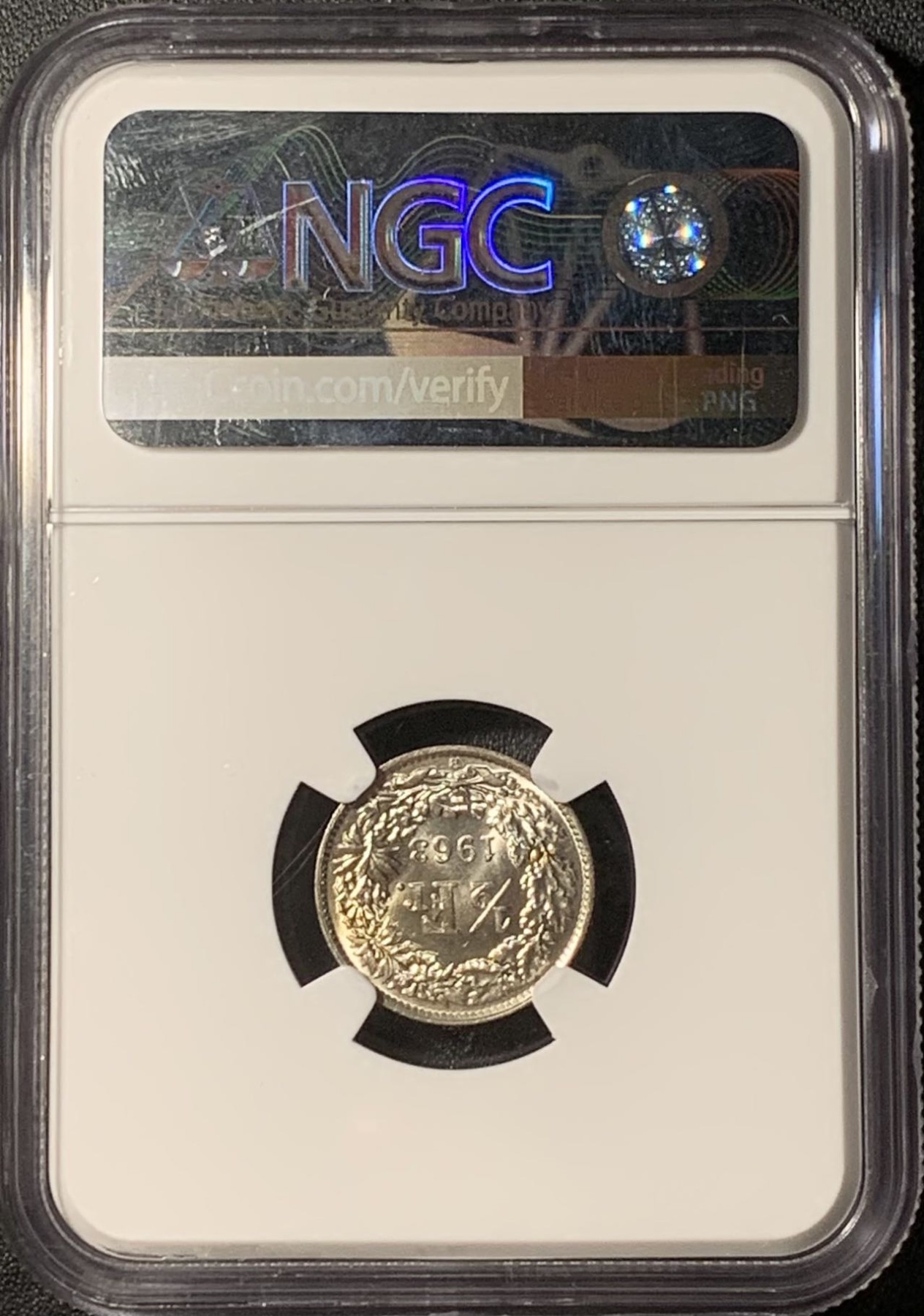 紫瑗钱币——第291期拍卖 瑞士 1963年 B版 赫尔维蒂亚 1/2法郎 银币 NGC MS65