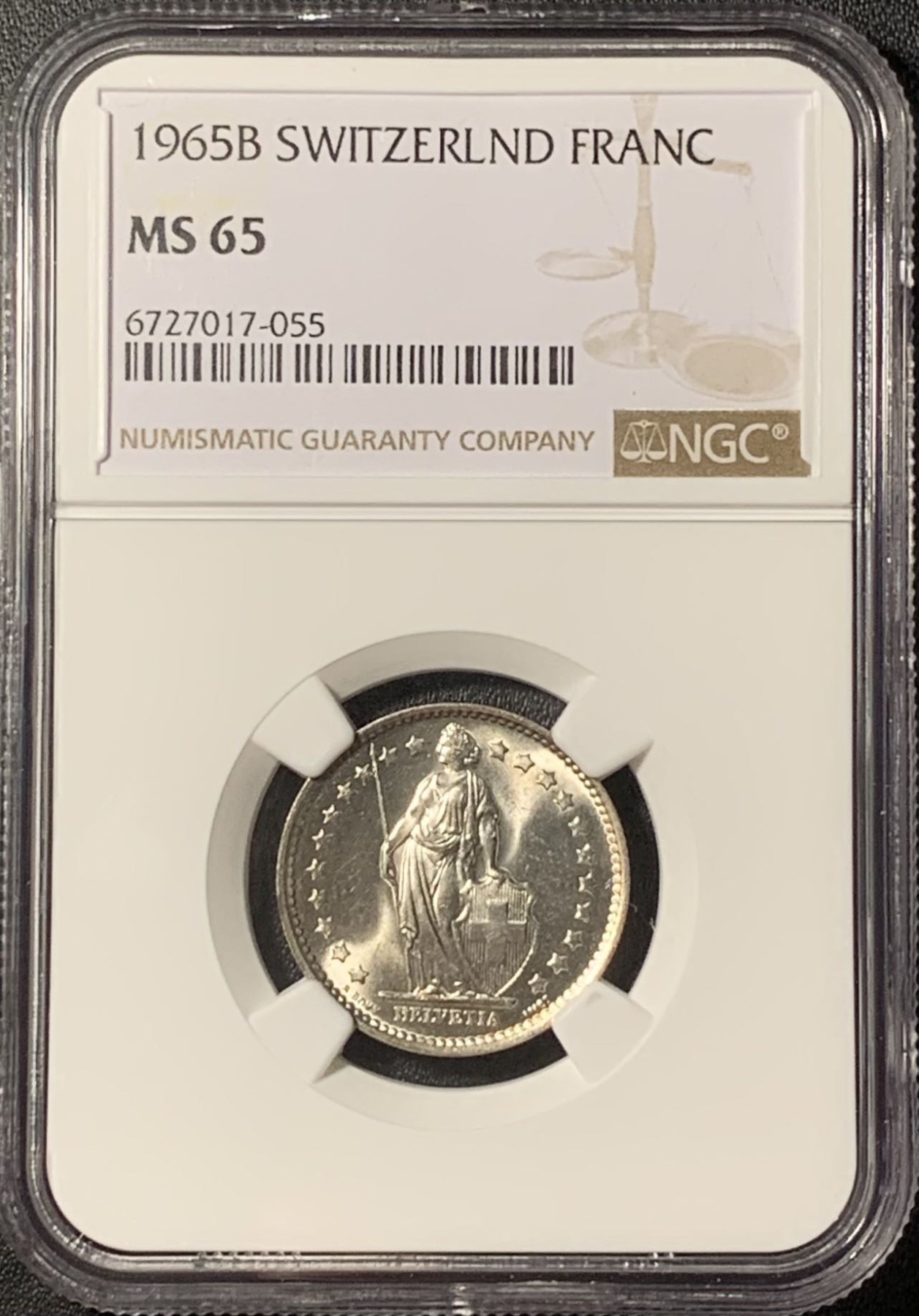 紫瑗钱币——第291期拍卖 瑞士 1965年 B版 赫尔维蒂亚 1法郎 银币 NGC MS65