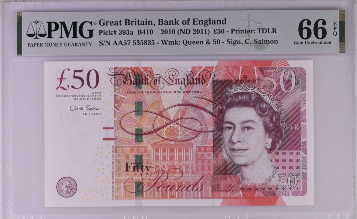 《张总收藏》111期—外币精品荟萃-海外名人特别场 英国2010年AA冠50镑PMG66E无4