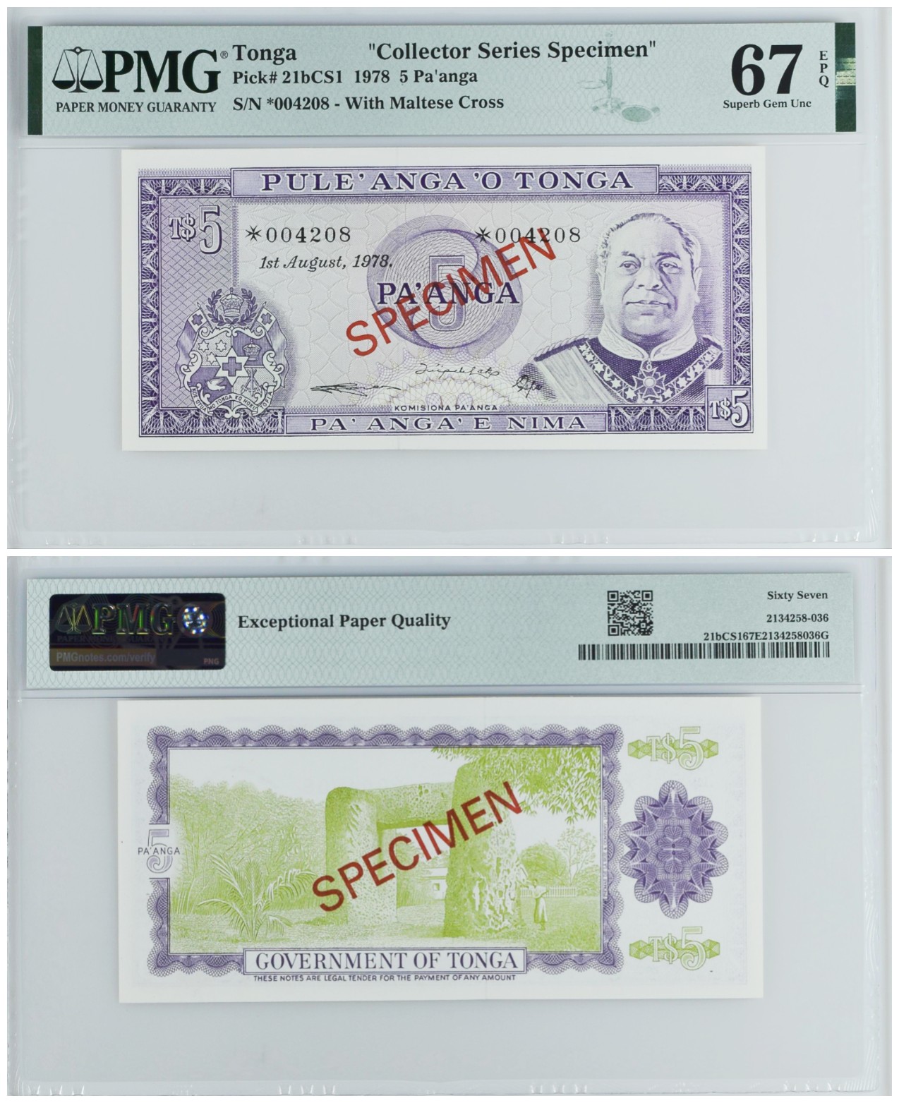 《张总收藏》111期—外币精品荟萃-海外名人特别场 (4张一组全同号同分Collector Series Specimen)汤加1978年10/5/2/1潘加PMG67E全偶数4208号样钞 非常稀少